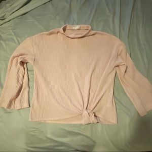 Pink mock neck bell sleeve waffle blouse